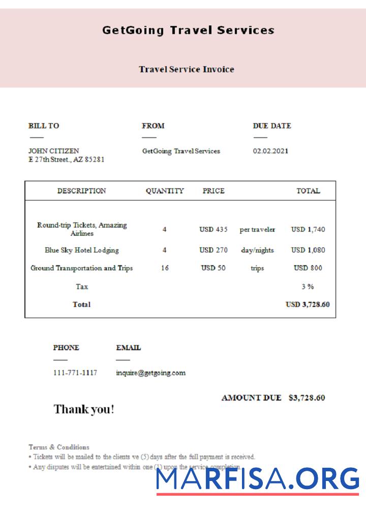 Realistic USA GetGoing Travel Services invoice download for verification